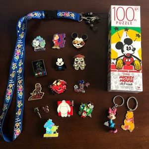 Disney Pin Bundle plus Lanyard, Puzzle & Keychains